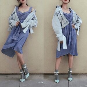 Derek Lam‎ 10 Crosby Blue Striped Shirt Dress with Tie Front Size 6